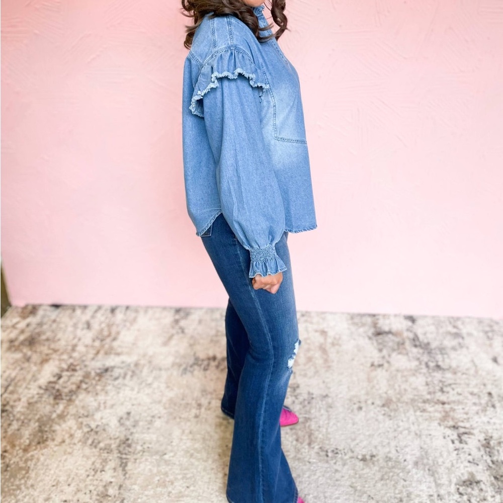 ANAHI SHOULDER RUFFLE DETAILED DENIM SHIRT - Picture 2 of 6